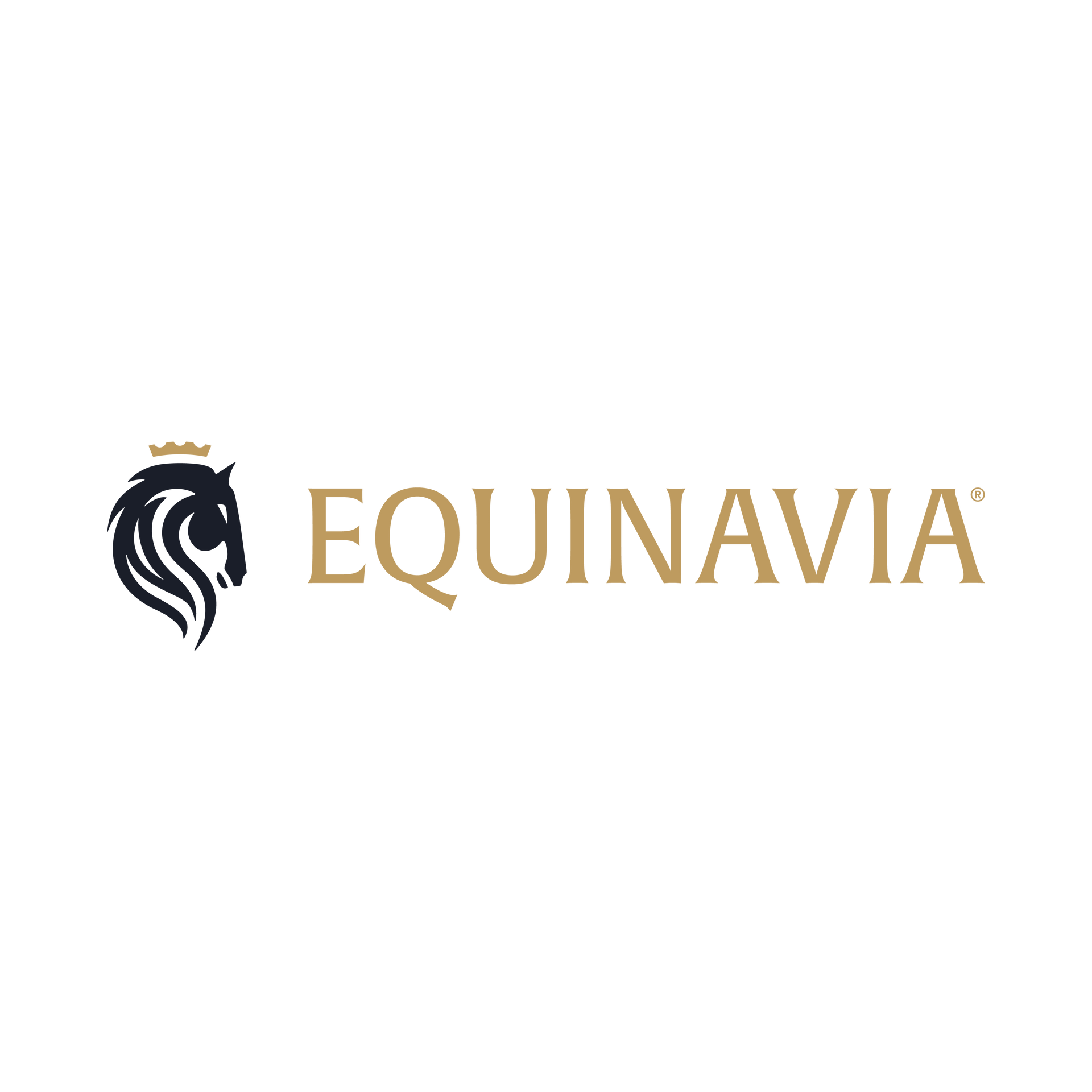 A logo for equavia with a horse head with a crown on it