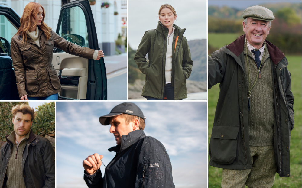 A collage of four pictures of people wearing jackets and hats.
