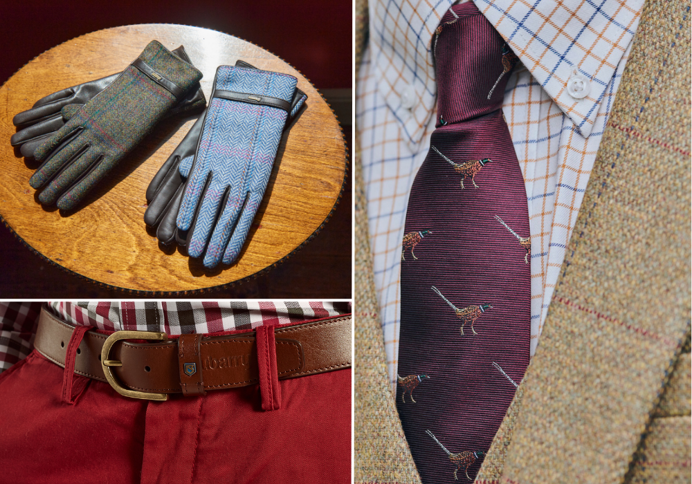 A man wearing a tie and a pair of gloves