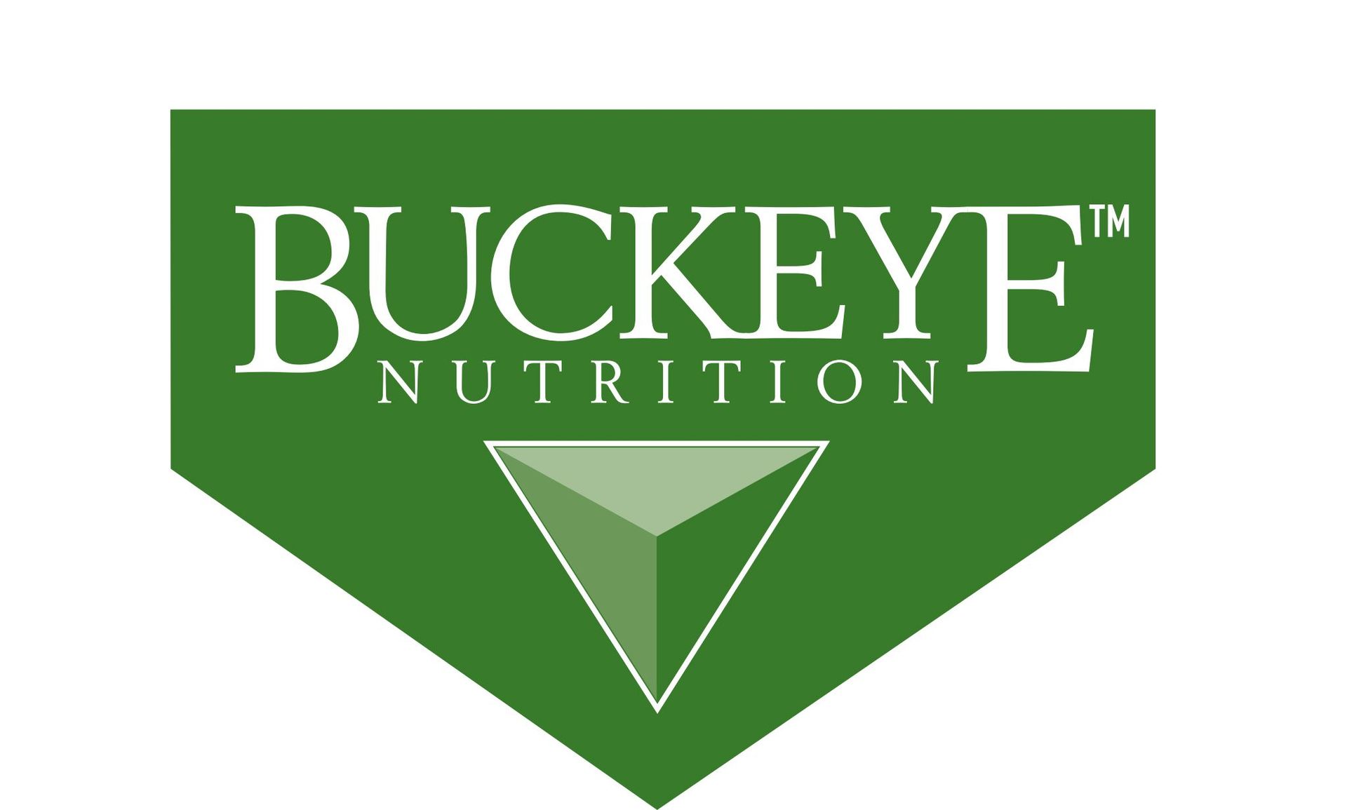 The logo for buckeye nutrition is green and white with a triangle in the middle.