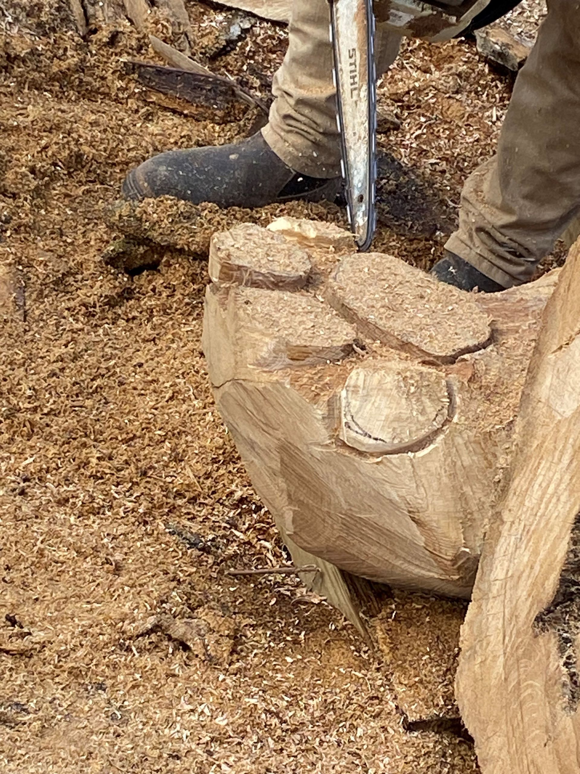 A person is cutting a piece of wood with a chainsaw.