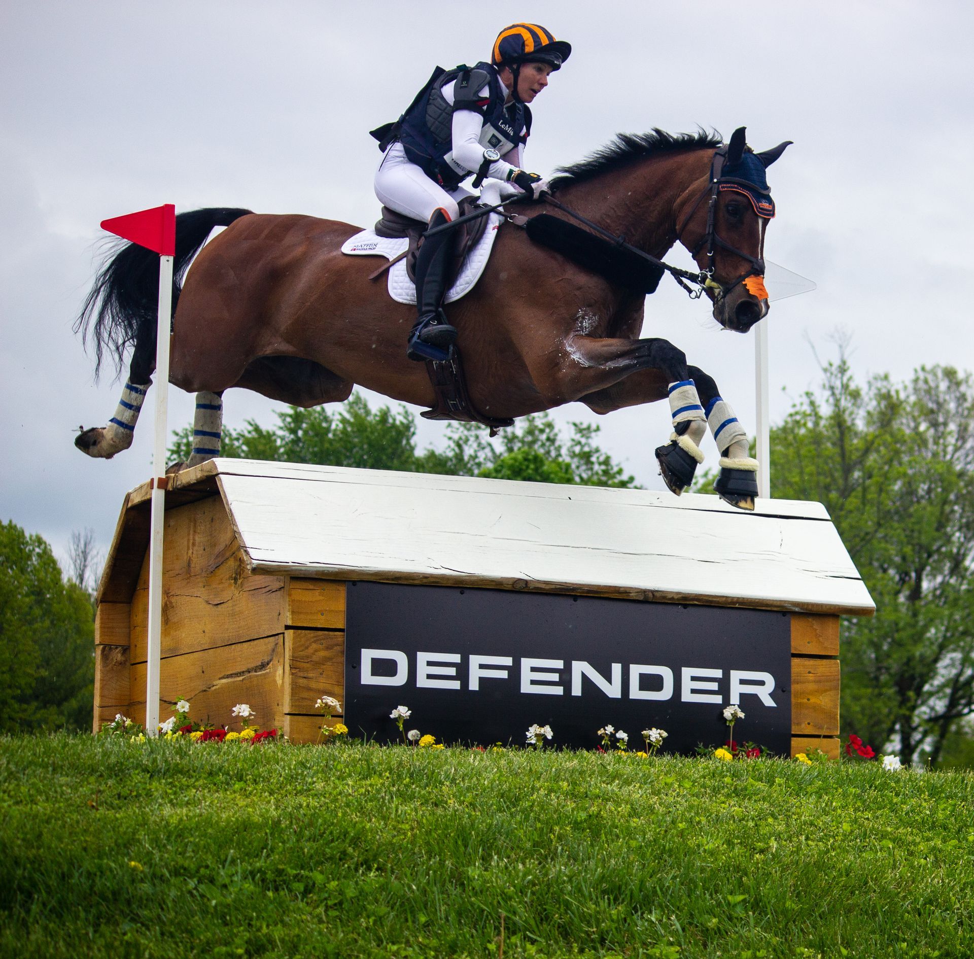 A horse is jumping over a defender sign