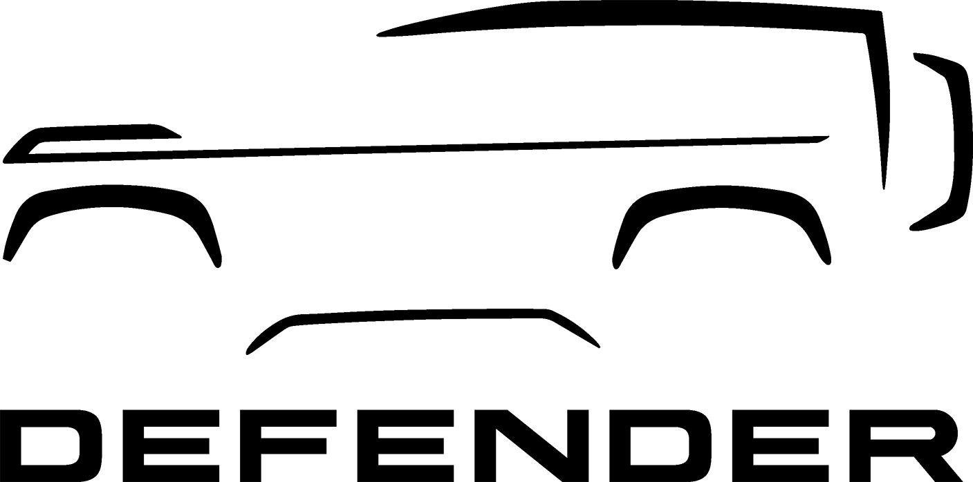 A black and white drawing of a defender with the word defender below it.