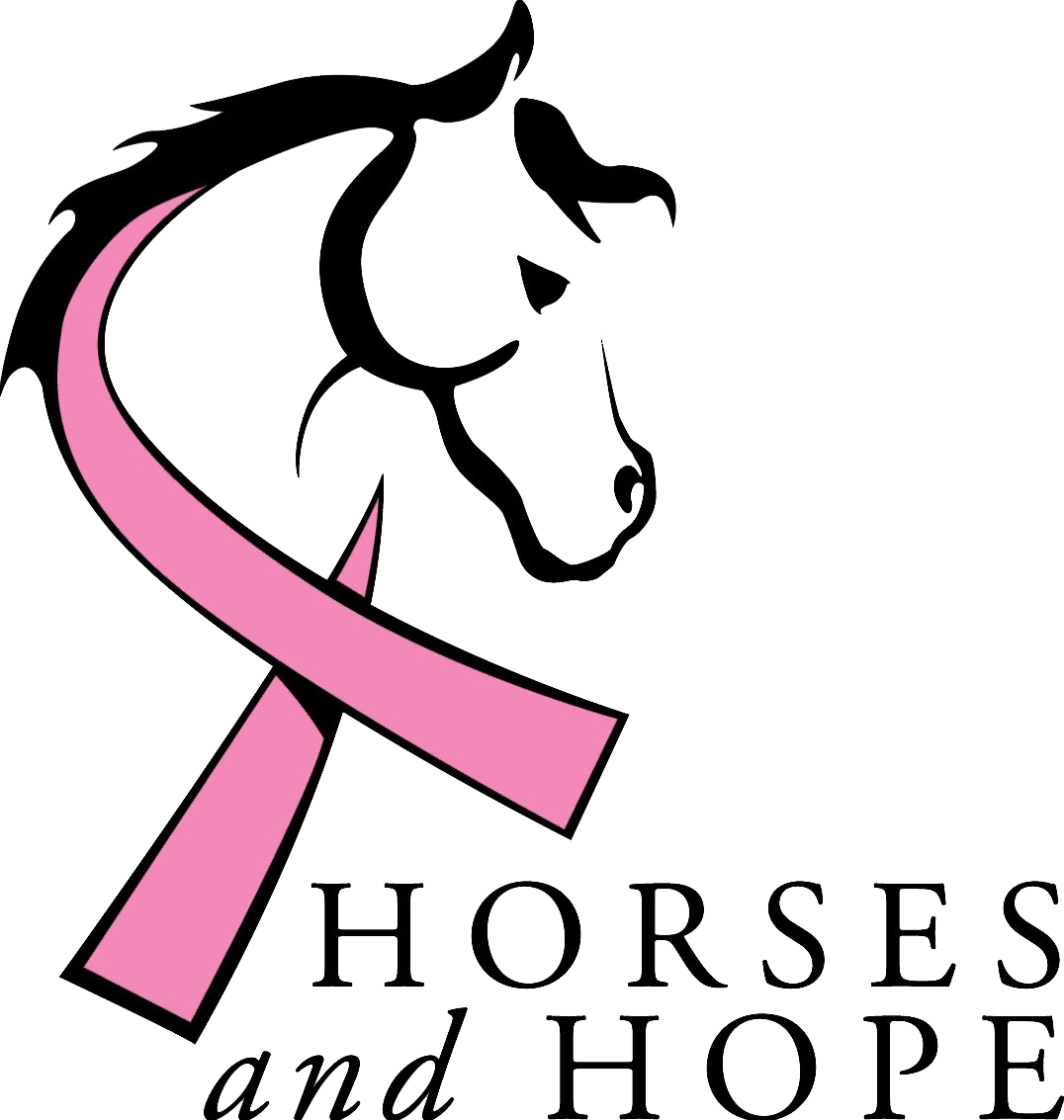 A horse with a pink ribbon and the words horses and hope