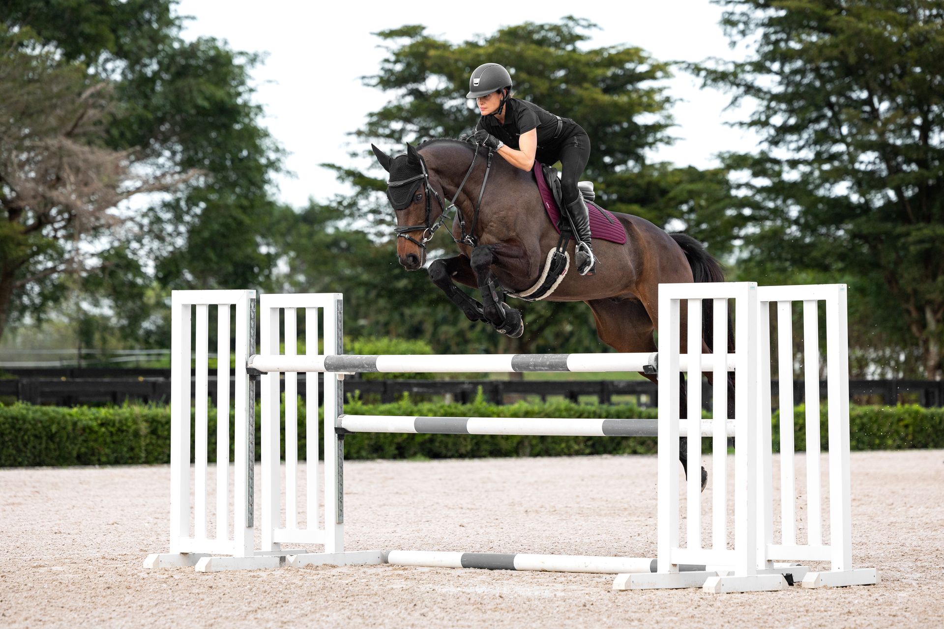 A woman is riding a horse over a jump.