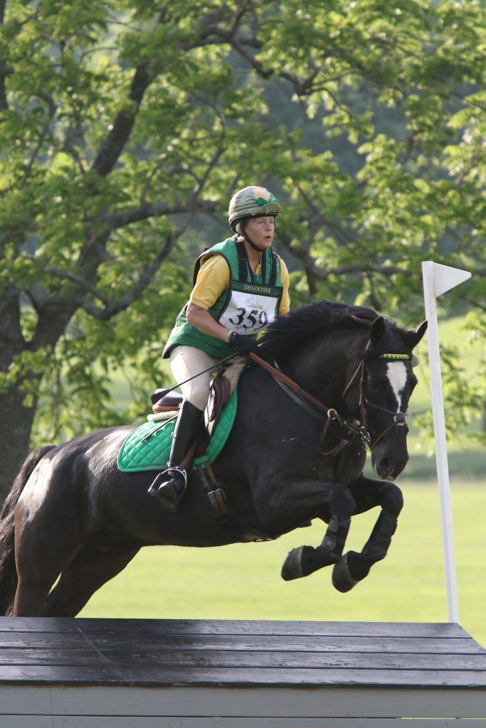 A person riding a black horse with the number 35 on their shirt