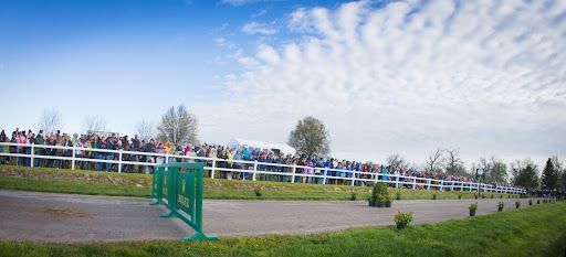 A crowd of people are watching a horse race at a race track.