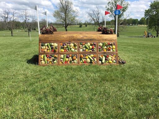 A wooden box filled with fruits and vegetables is sitting in the middle of a grassy field.