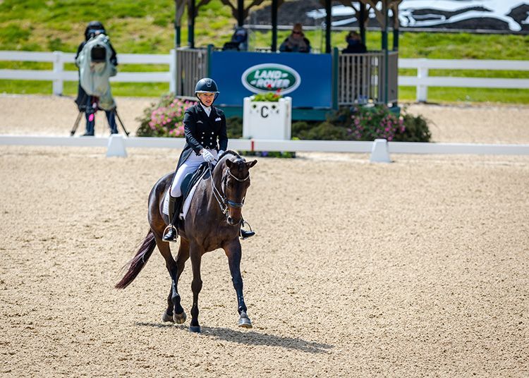 A woman is riding a horse in a dirt arena.