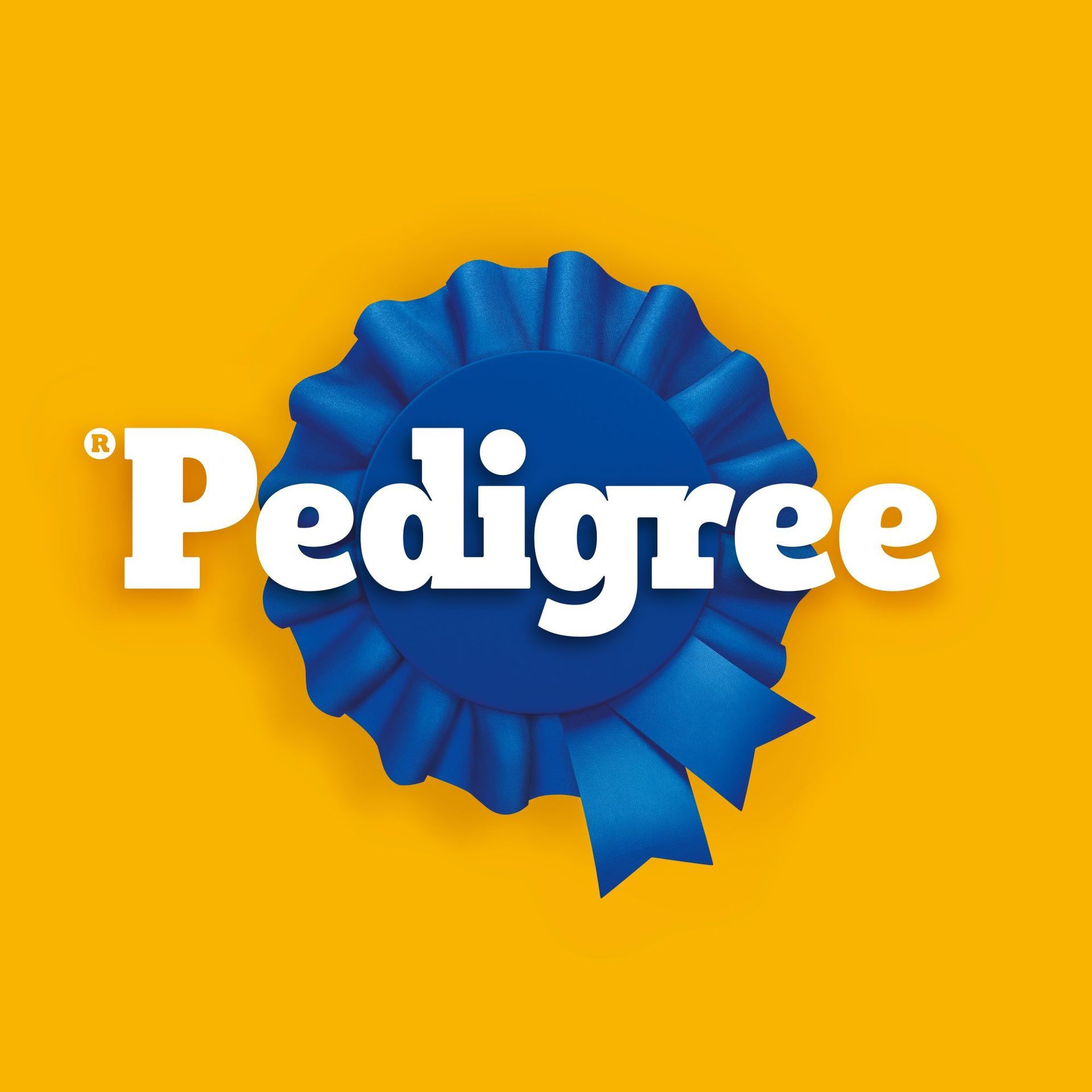 The pedigree logo is a blue ribbon on a yellow background.