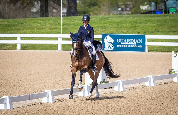 A woman is riding a horse in a ring with a guardian sign in the background.