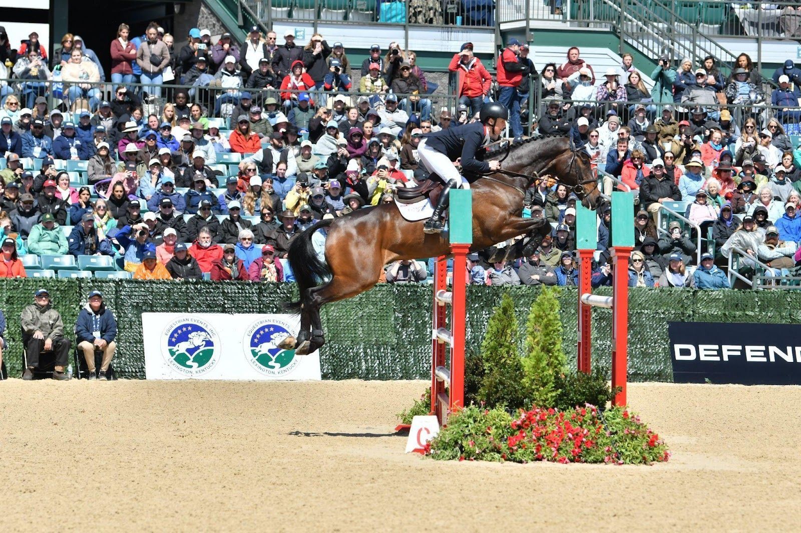 A person is riding a horse over a jump in front of a crowd.