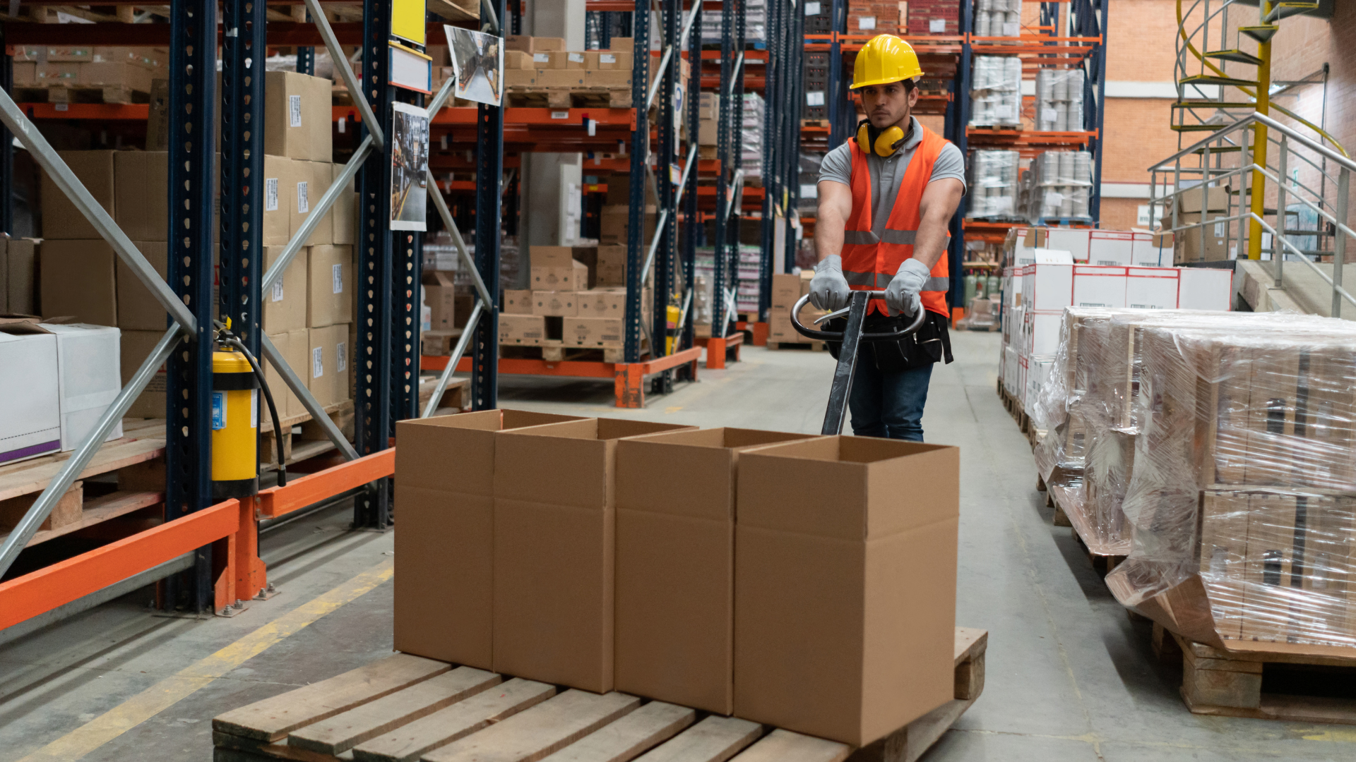 Warehouse worker in orange vest and hard hat moving boxes with a pallet jack in an aisle