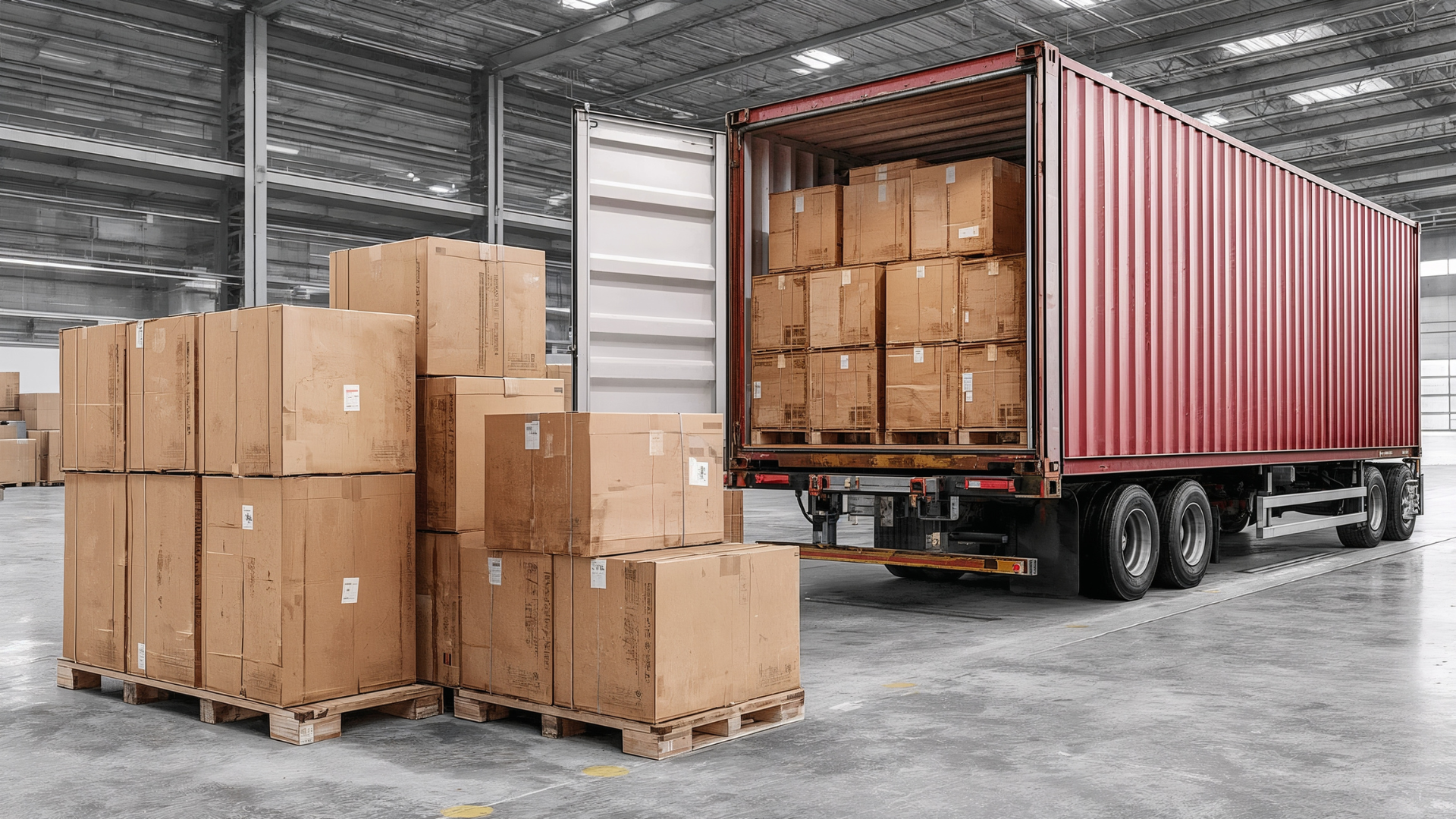 Warehouse with stacked cardboard boxes and an open red shipping container being unloaded