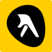 A white arrow pointing up in a black circle on a yellow background.