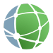 A green and blue globe with a white center on a white background.