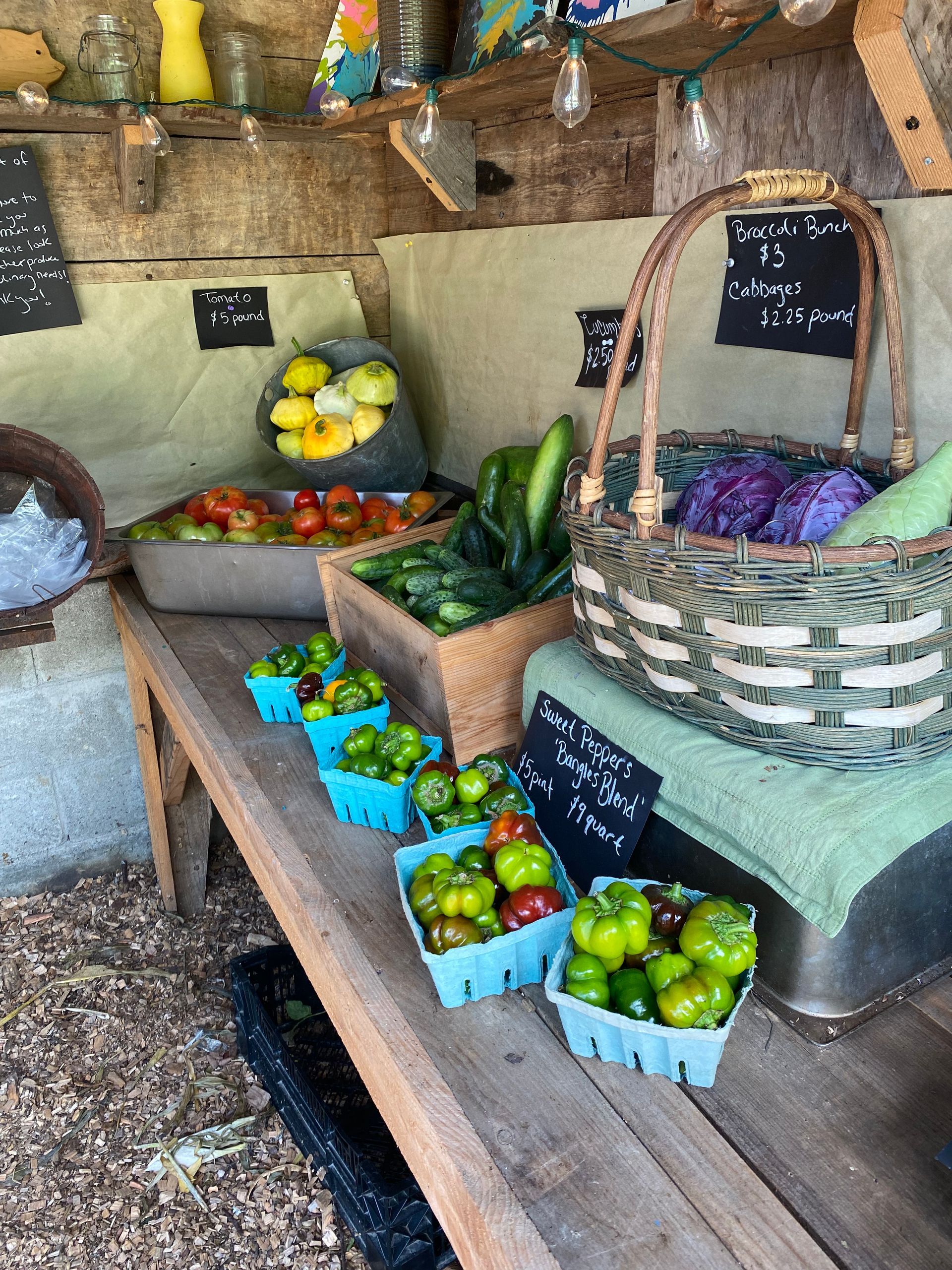 The Hoolie Flats Farmstand in East Calais, Vermont, full of certified organic produce
