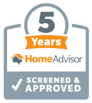 5 Years HomeAdvisor screened and approved badge in gray, orange, and white by Audio Video Concept
