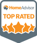 HomeAdvisor Top Rated badge with orange stars on a gray shield by Audio Video Concept