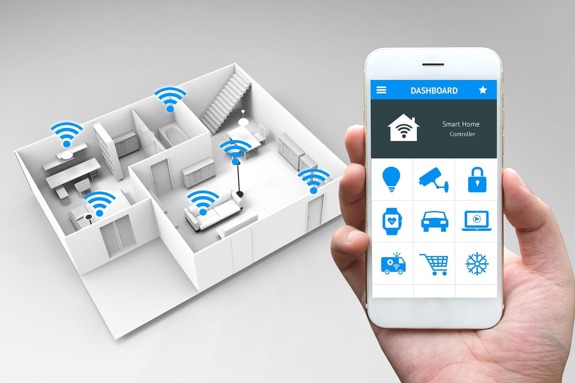 Hand holding smartphone app controlling smart home icons over a 3D house floor plan by Audio Video Concept