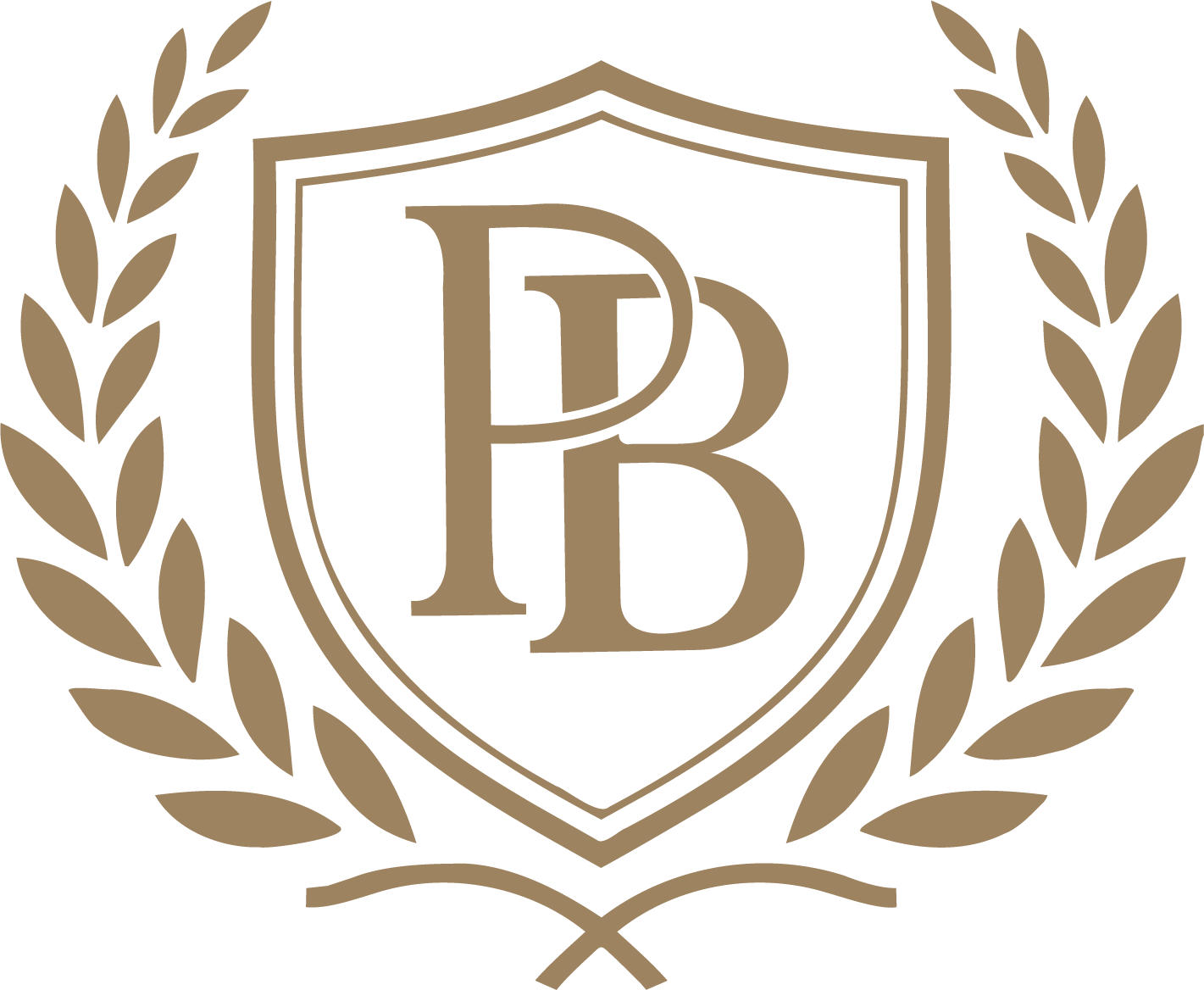 Gold PB monogram inside a shield, framed by laurel branches on a white background