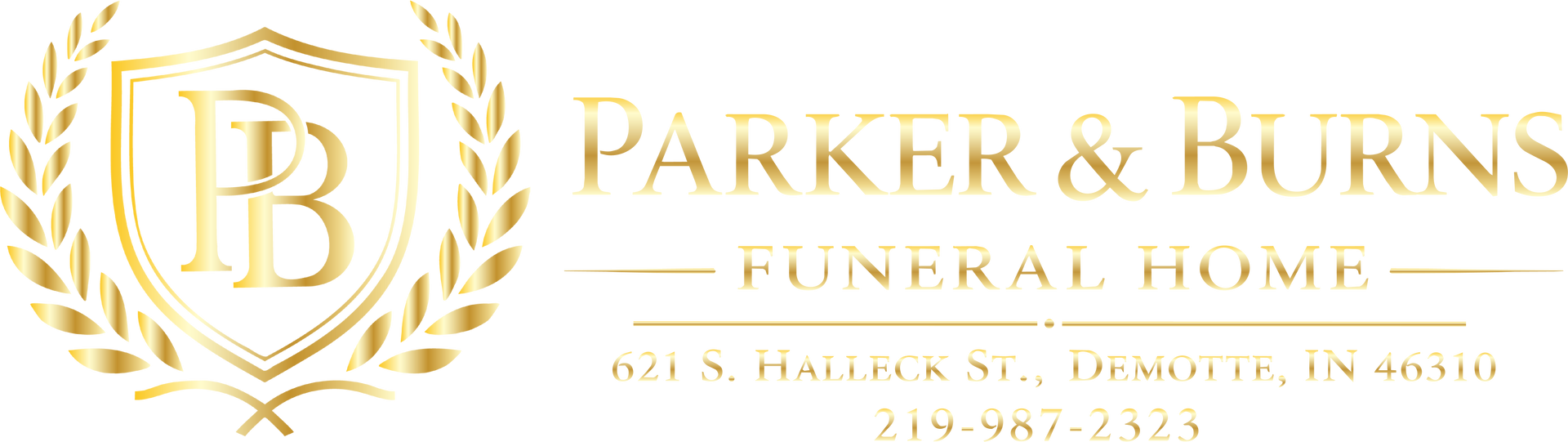 Gold Parker & Burns Funeral Home logo with laurel wreath and cross on white background