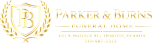Gold Parker & Burns Funeral Home logo with laurel wreath and cross on white background