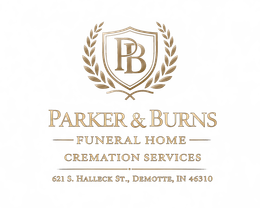Parker & Burns Funeral Home Services logo in gold with wreath and PB monogram; Decatur, IN address