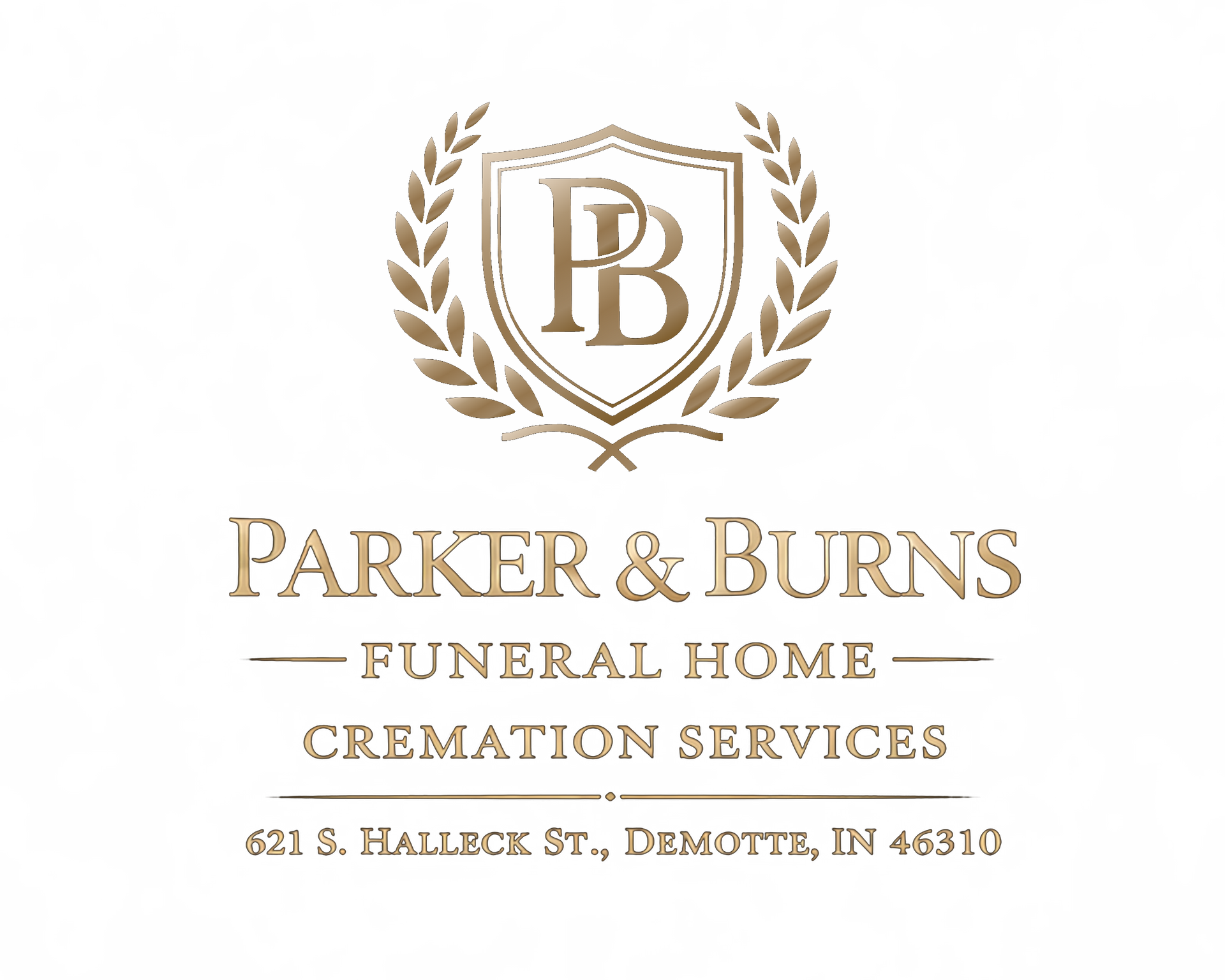 Parker & Burns Funeral Home and Cremation Services gold logo with address in Decatur, Indiana