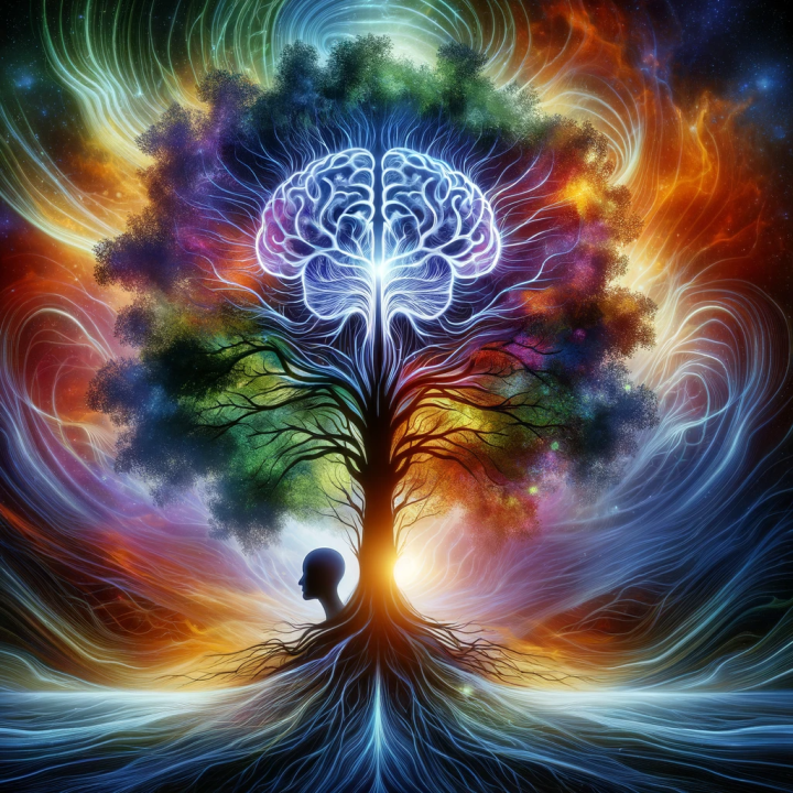 Brain-shaped tree with a person silhouette at the base, surrounded by colorful energy and a vibrant nebula.