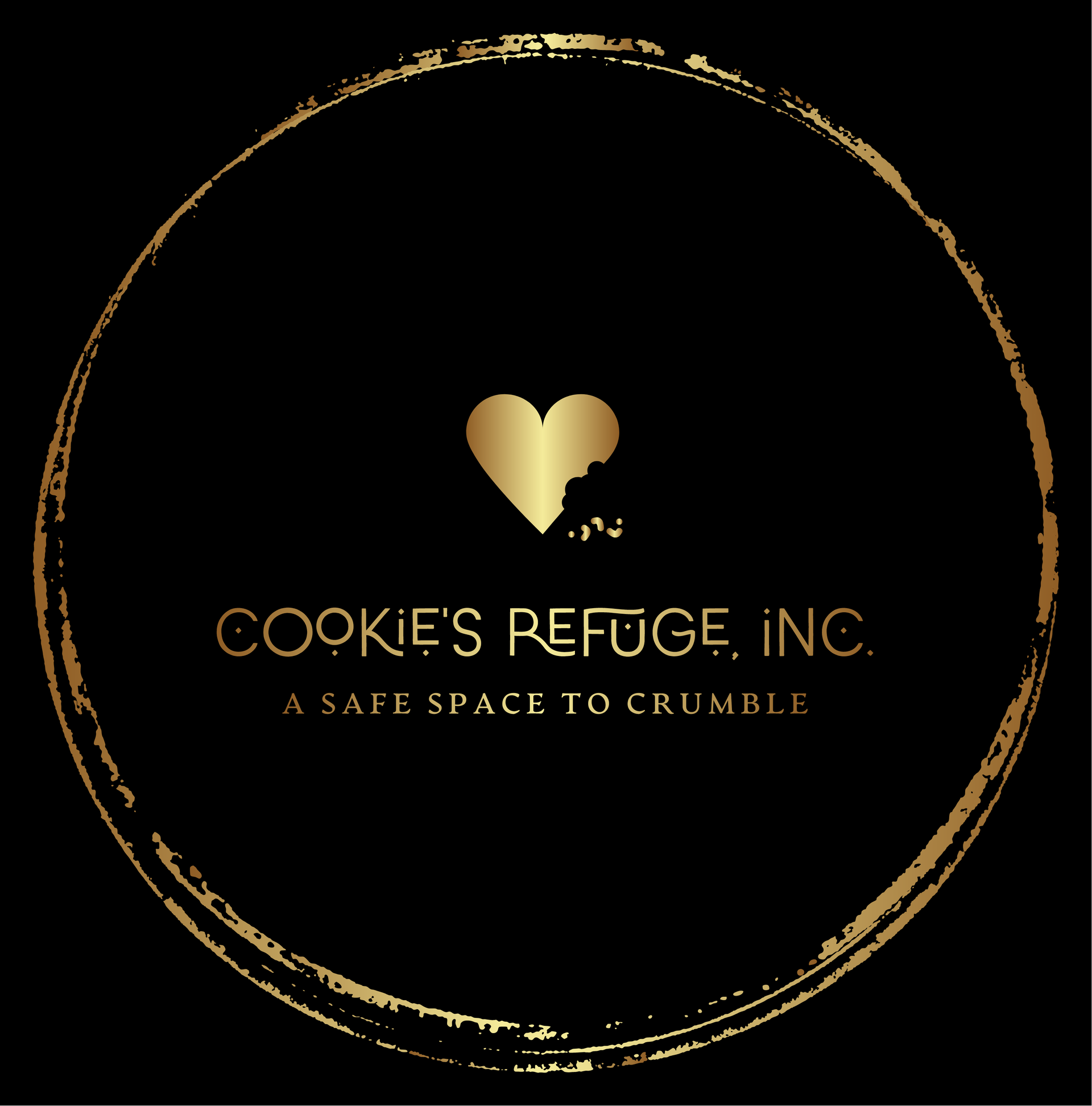 Golden logo: heart with a bite out of it inside a circle, with text 