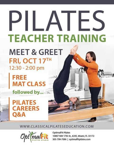 Pilates teacher training flyer: Fri, Oct 17th, free mat class, Pilates careers Q&A. Two women on reformer.