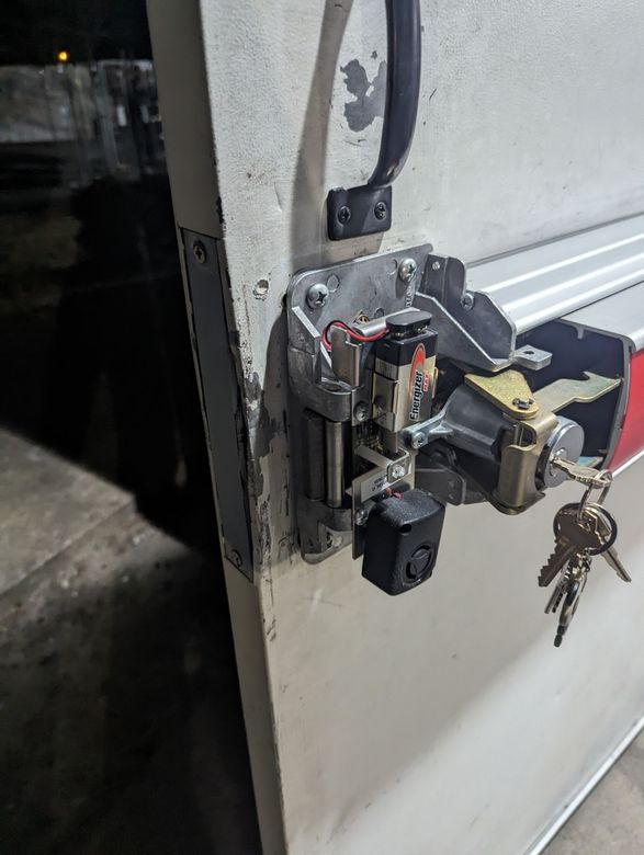 A close up of a door with a lock and keys on it
