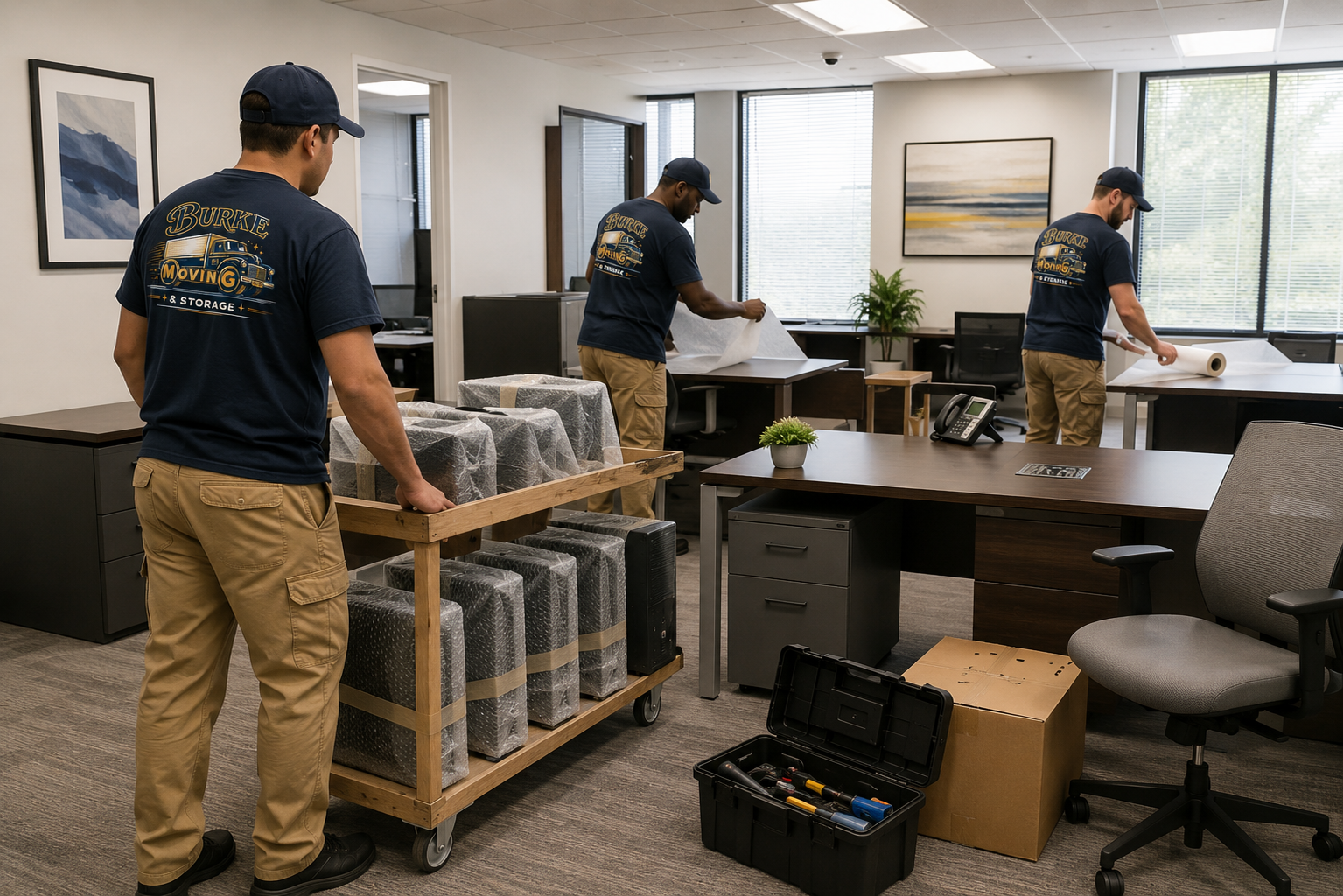 Three workers moving office furniture and boxes in a bright office