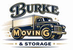 Burke Moving & Storage logo with vintage truck and gold, navy lettering