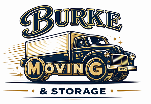 Burke Moving & Storage logo with a vintage moving truck in black, gold, and blue