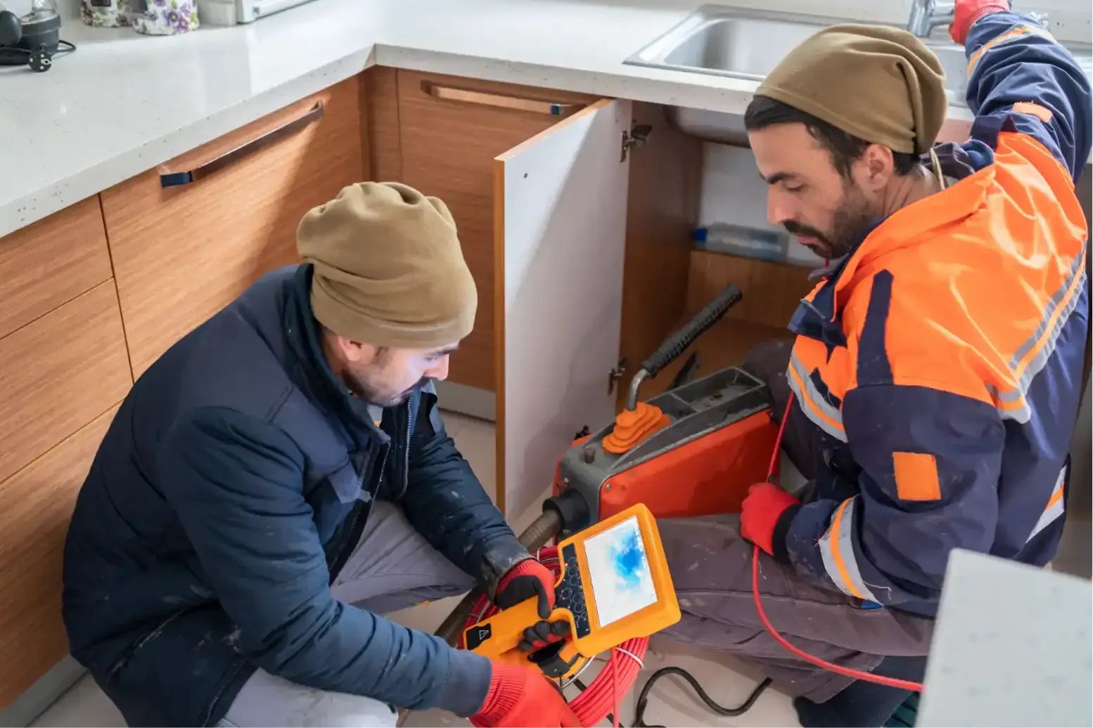 Hand tightening a pipe fitting under a sink with adjustable wrenches