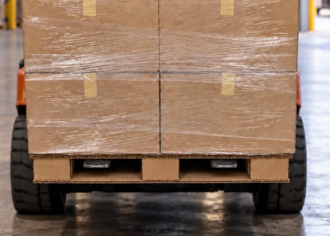Boxes loaded on a corrugated pallet being lifted by a forklift