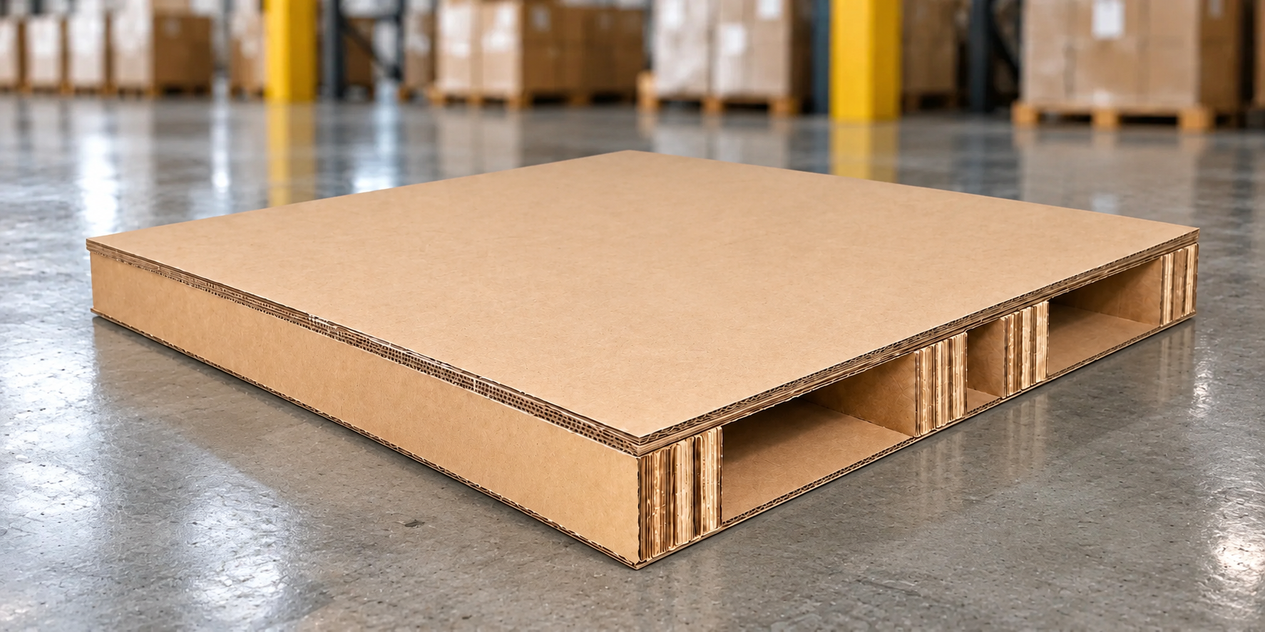 Corrugated cardboard shipping pallet resting on a warehouse floor.