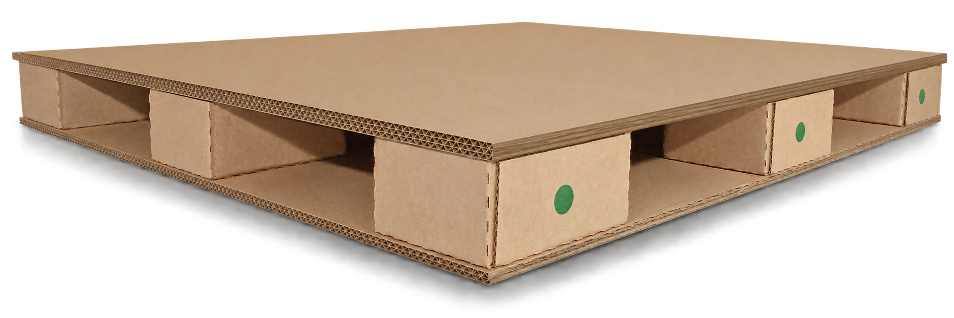 Corrugated pallet stacked with boxed goods in a warehouse