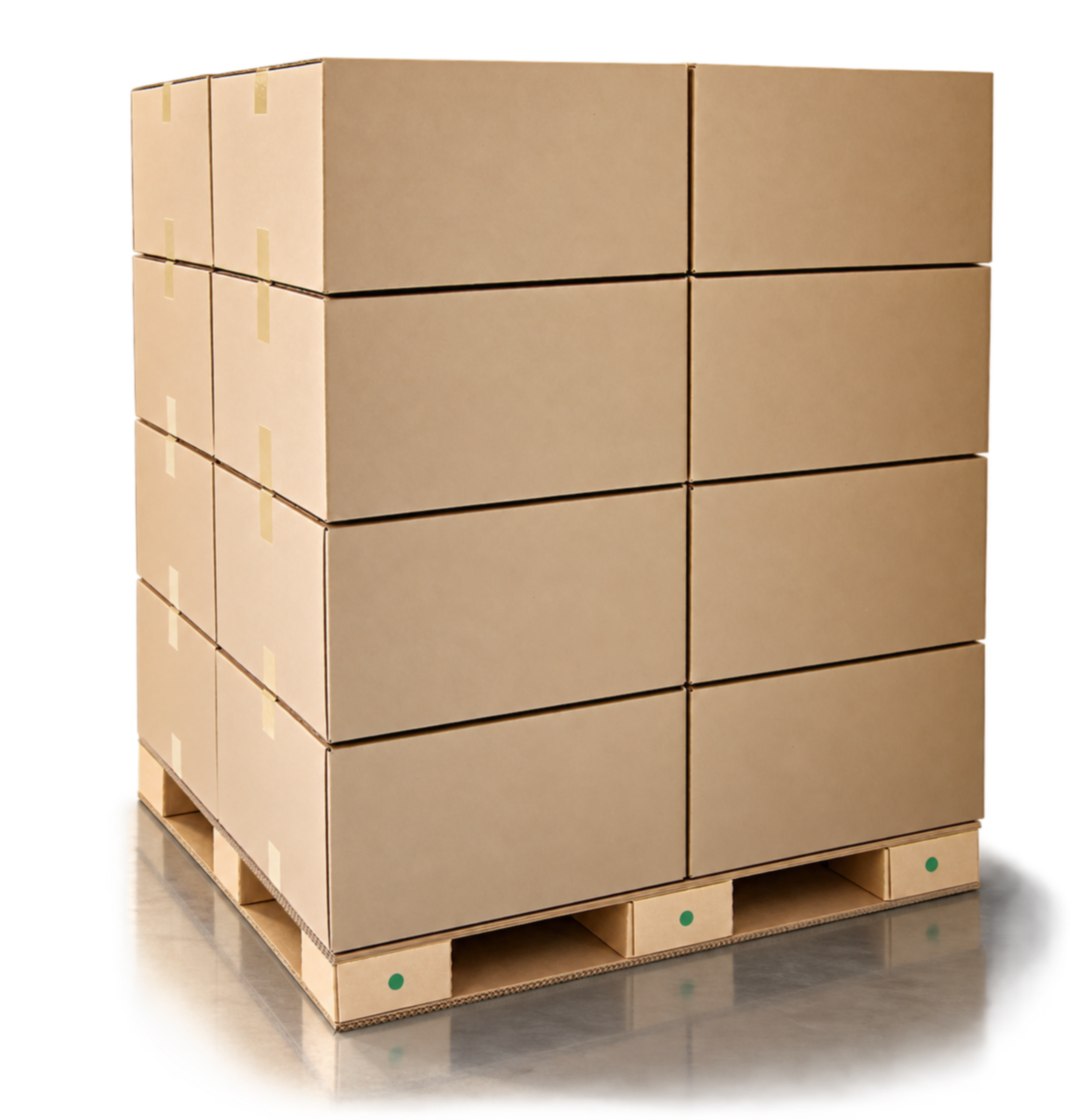 Corrugated pallet stacked with boxed goods in a warehouse