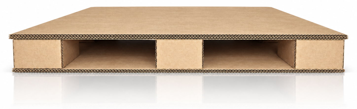 Corrugated cardboard shipping pallet resting on a warehouse floor.