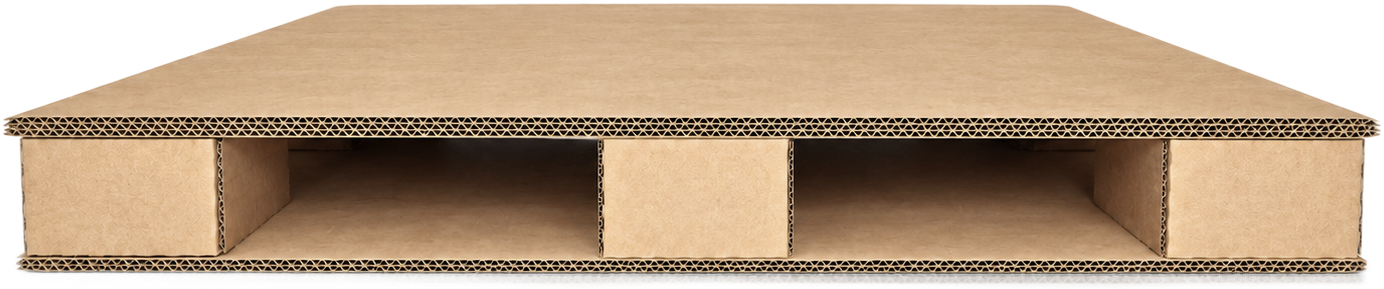 Front view of Corrugated Pallet showing its top and bottom deck, support blocks and forklift openings