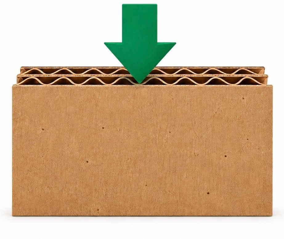 Green down arrow pointing to a cardboard box lid, strength test
