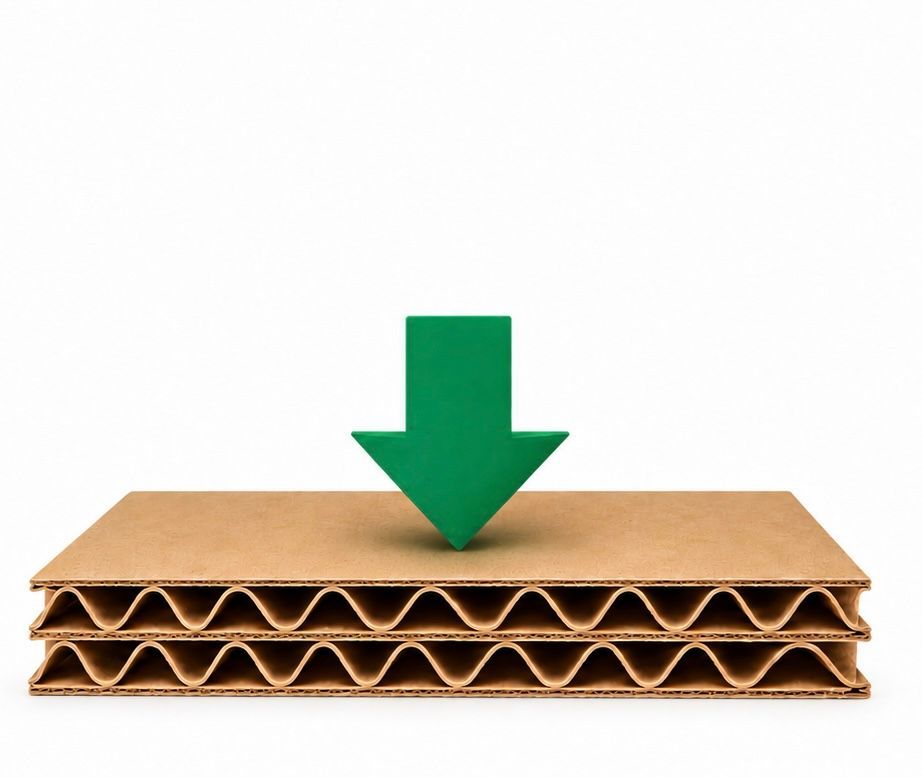 Green downward arrow above stacked cardboard layers, suggesting compression or packaging strength testing
