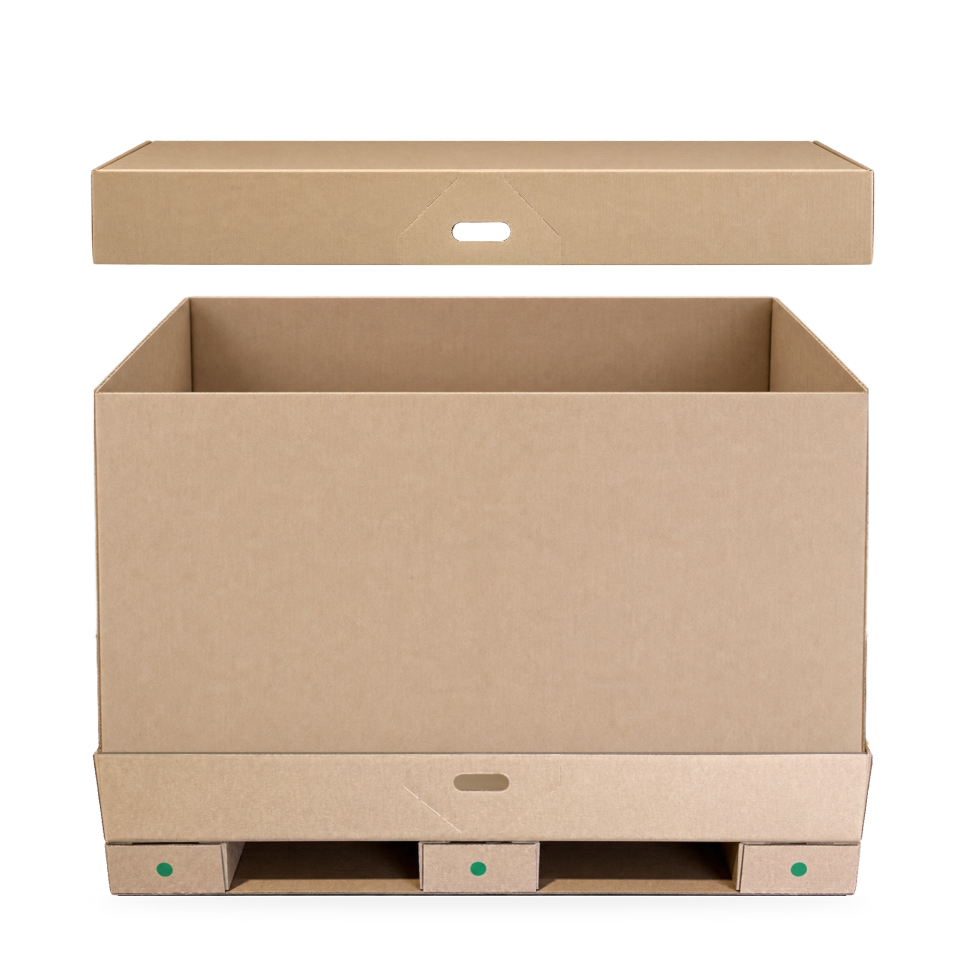Corrugated pallet with bulk box and lid for industrial shipping and storage.