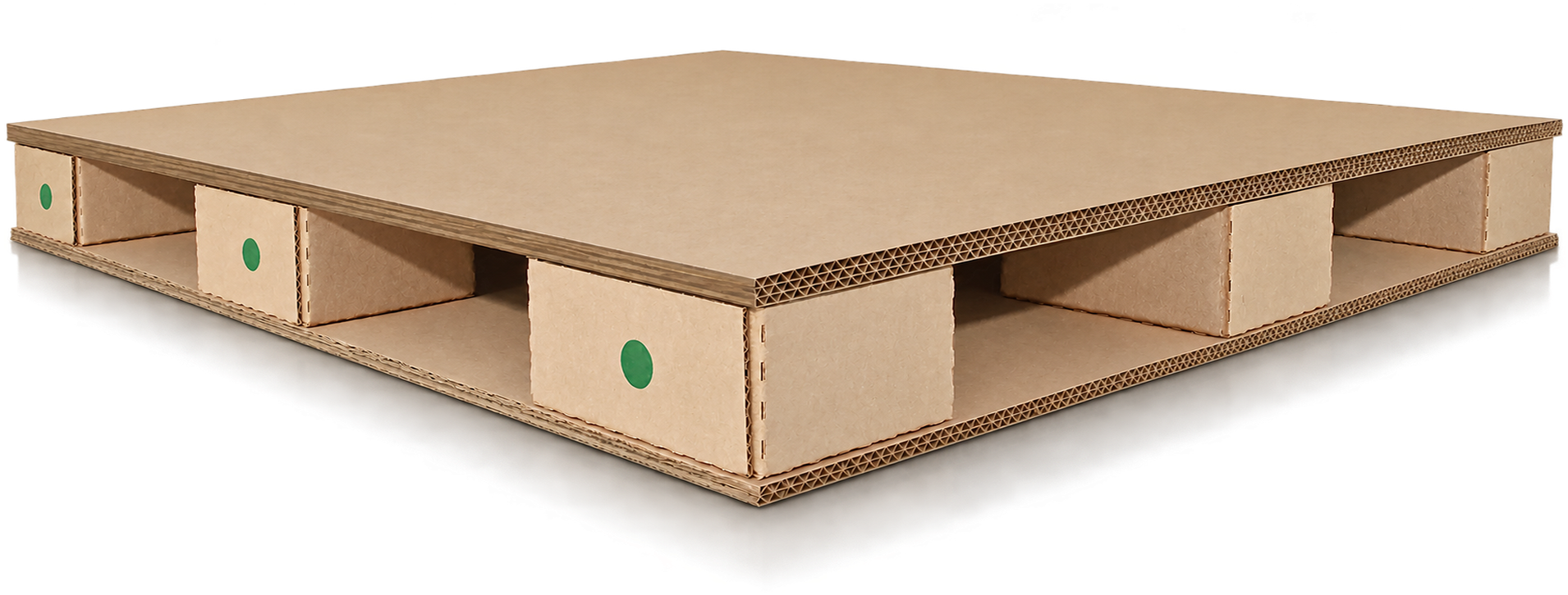 Corrugated cardboard shipping pallet resting on a warehouse floor.