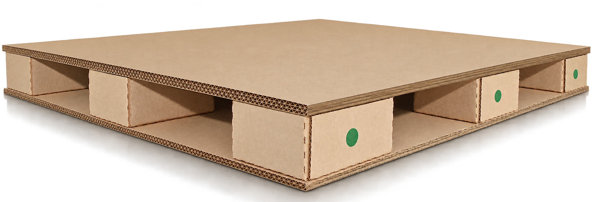 Corrugated cardboard shipping pallet resting on a warehouse floor.