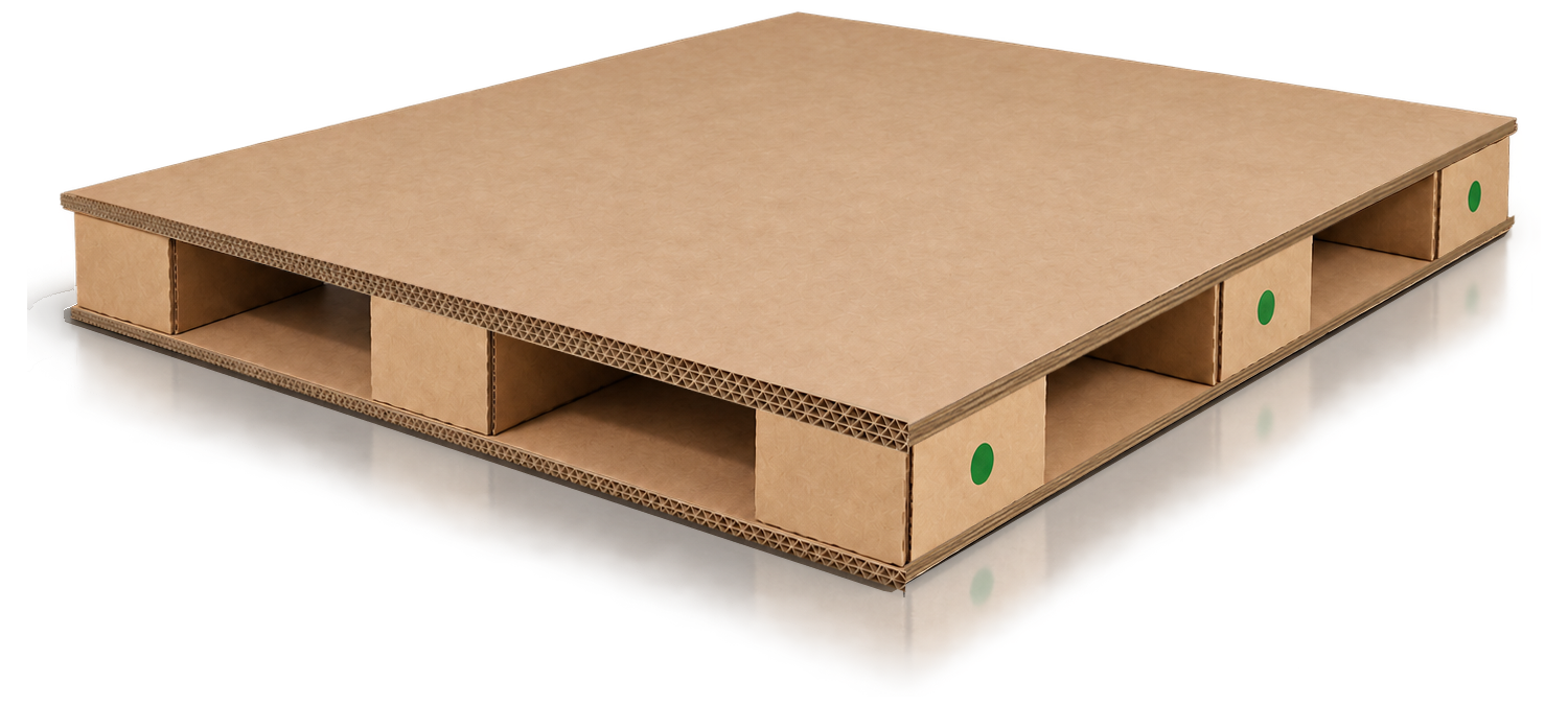 Corrugated cardboard shipping pallet resting on a warehouse floor.