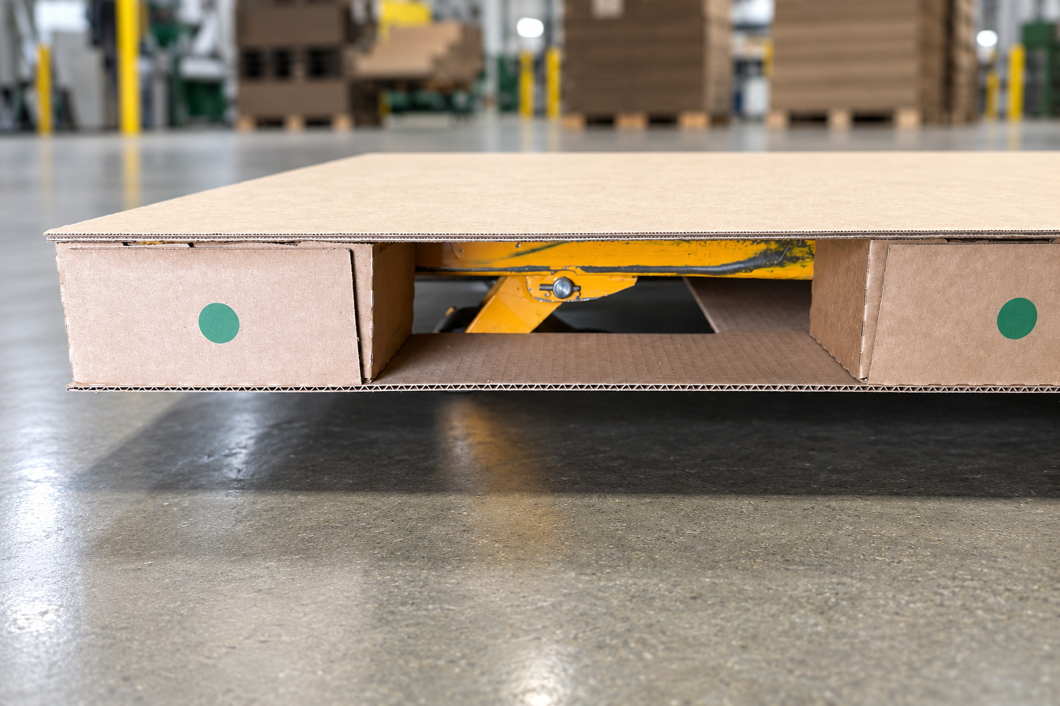 Corrugated cardboard shipping pallet lifted by a pallet jack on a warehouse floor.